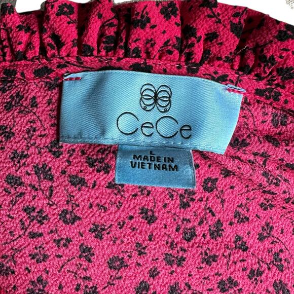CECE Rose Cerise Floral Party Pink Flower Pattern V-Neck Crepe Blouse Women's L - Picture 6 of 7